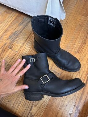 Frye Black Leather Engineer Boots with Buckle